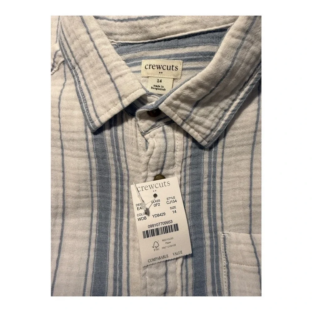 Crewcuts Boys Blue White Stripe Short‎ Sleeve Button Up Shirt Size 14
